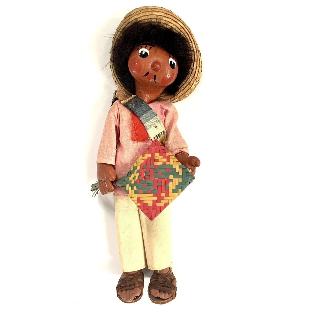 Vintage Mexican Folk Art Man Doll Handmade Oilcloth Sombrero Straw Fan Huaraches